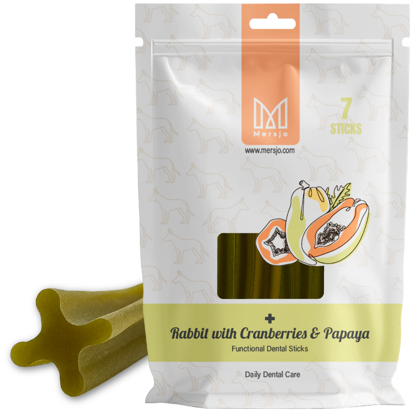 Zahn-Snack für Hunde Mersjo Dental Sticks - Kaninchen mit Papaya und Cranberry (7 Sticks)