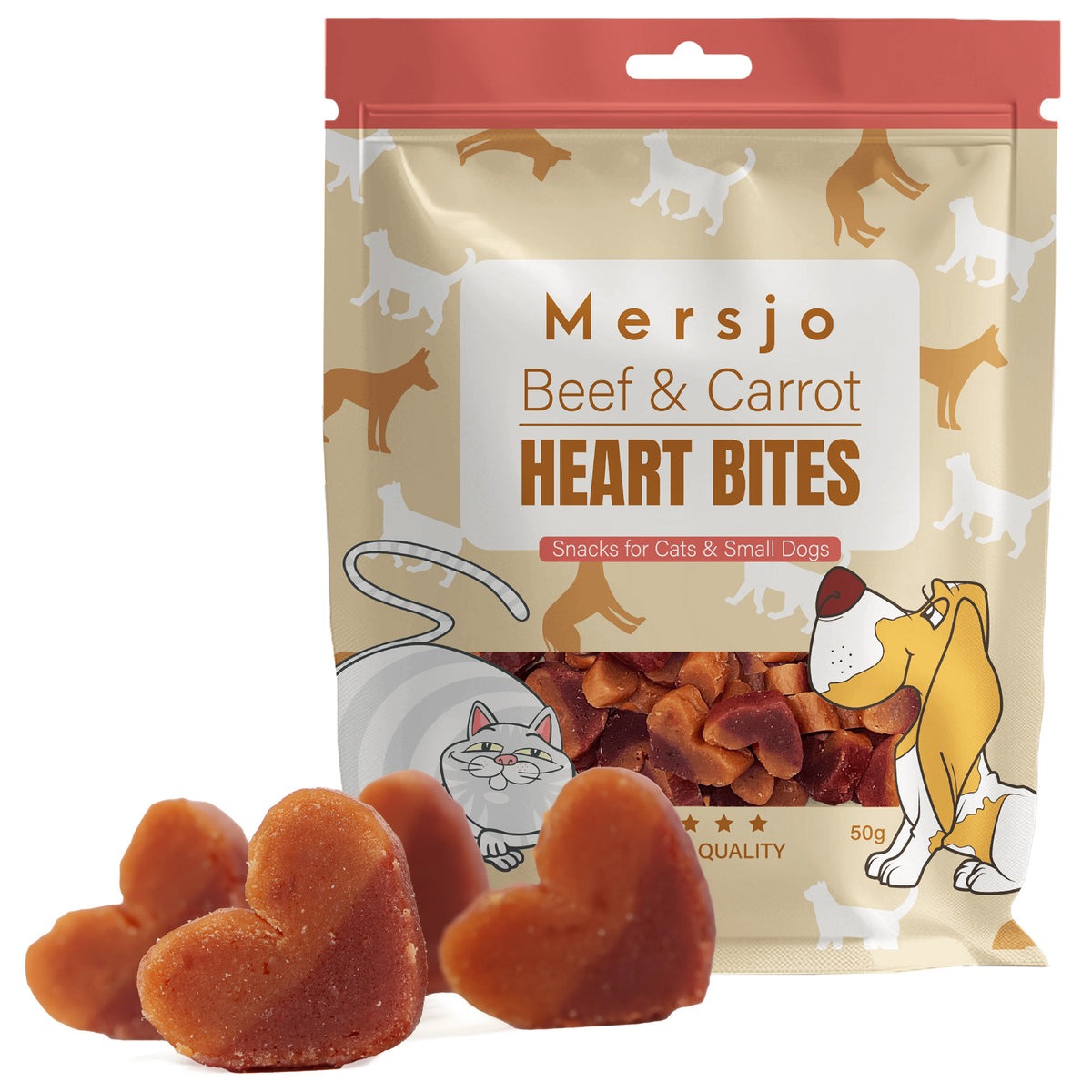 Snack für Hund und Katze - Herz-Duo: Rind mit Karotte Mersjo 50g