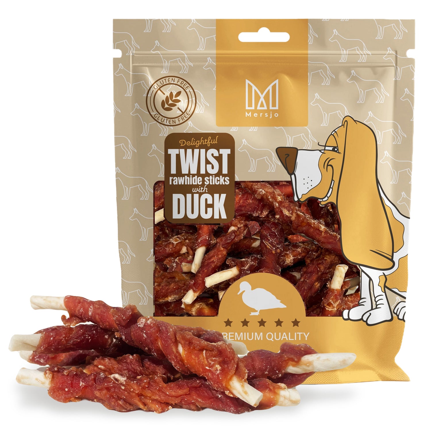 Natural rawhide twist chews with duck meat, dog treat, Mersjo, 500g