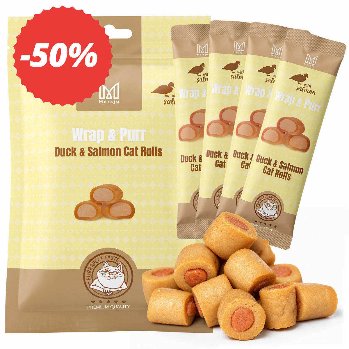 Snack für Katzen - Wrap & Purr: Duck & Salmon Mersjo 40g (4x10g)