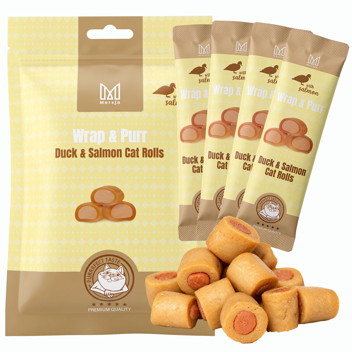 Pamlsek pro kočky - Wrap & Purr: Duck & Salmon Mersjo 40g (4x10g)