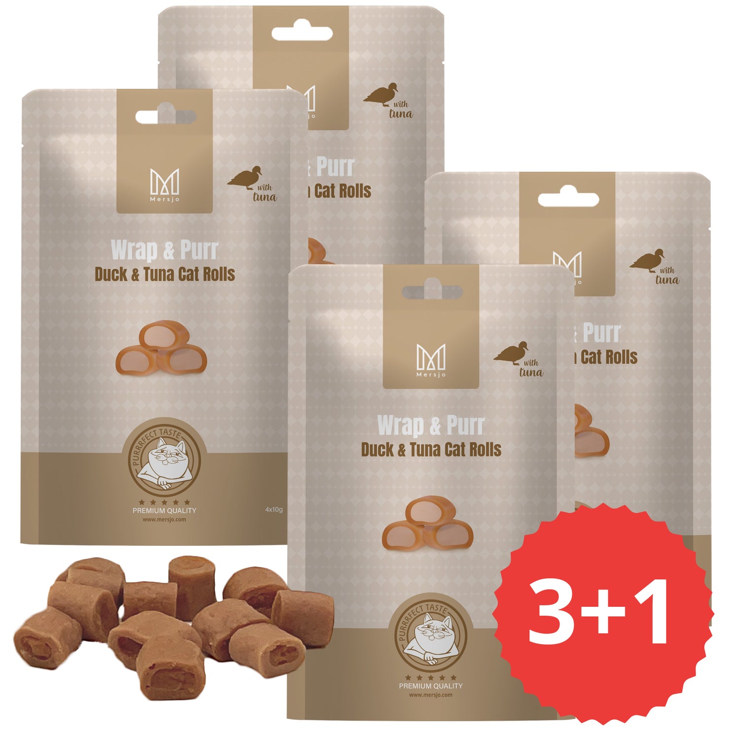 ZESTAW 3+1: Przysmak dla kota - Wrap & Purr: Duck & Tuna Mersjo 160g (4x40g)