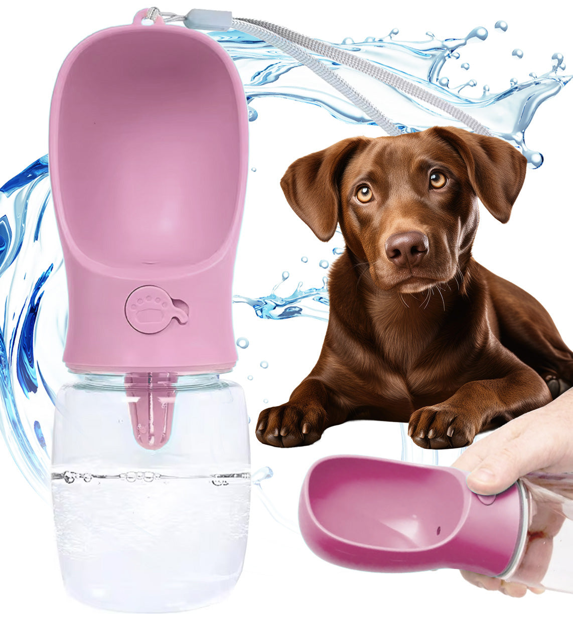 Reiseflasche für Hunde 350 ml, rosa