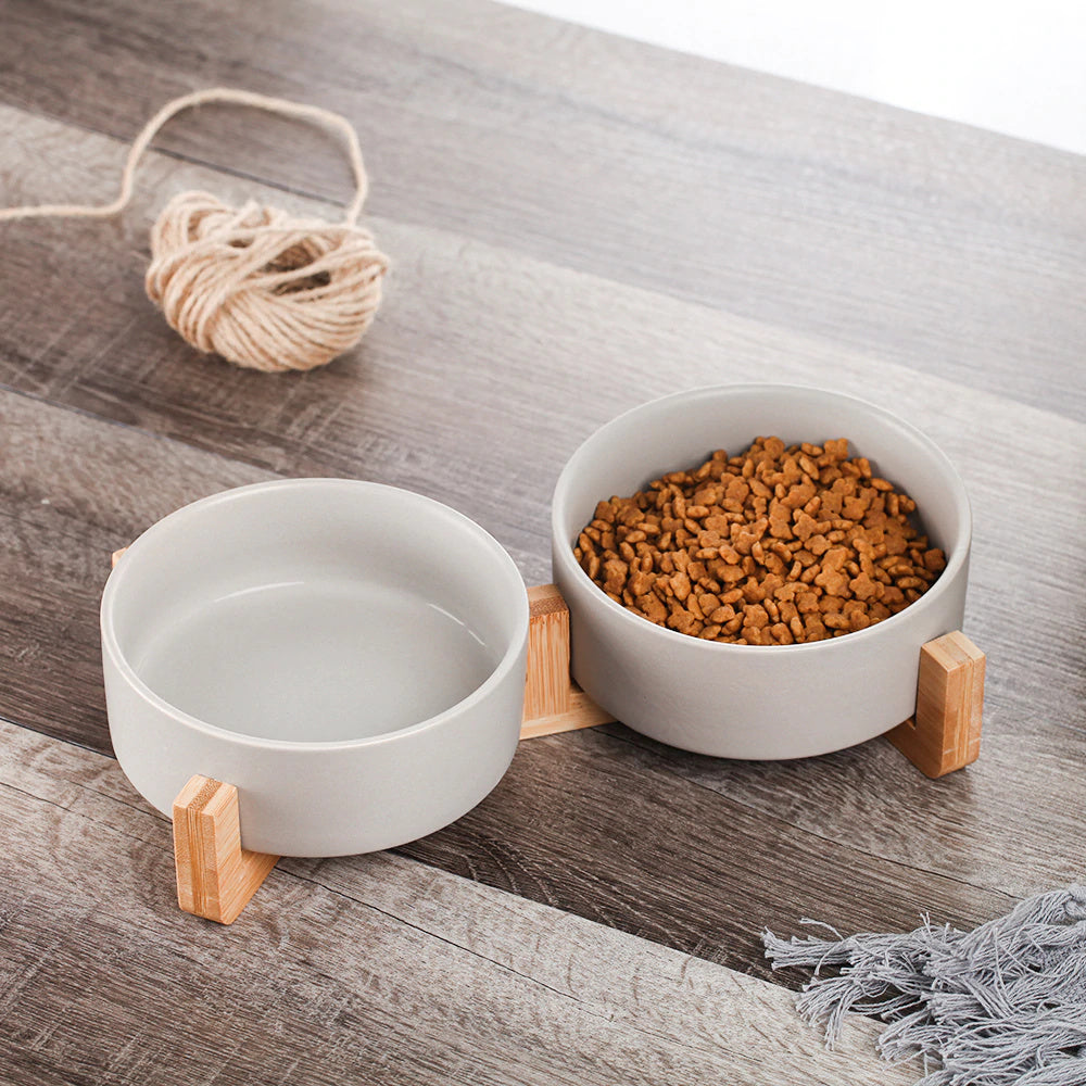 Keramik-Doppelnapf mit Holzständer Gerda, grau, 2x400 ml